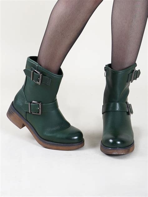 Cute Dark Green Forest Faux Leather Boots With Straps And Buckles Keya
