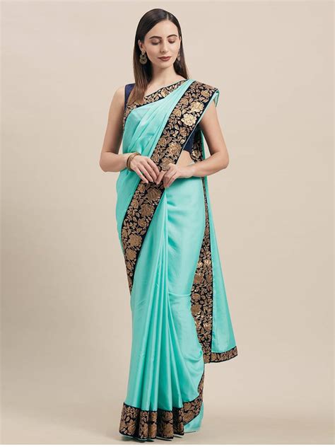 Turqouise Blue Poly Silk Big Border Fancy Designer Saree Indian Women
