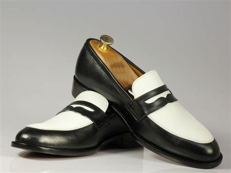 Elegant Handmade Mens Black White Leather Penny Loafer Dress Shoes