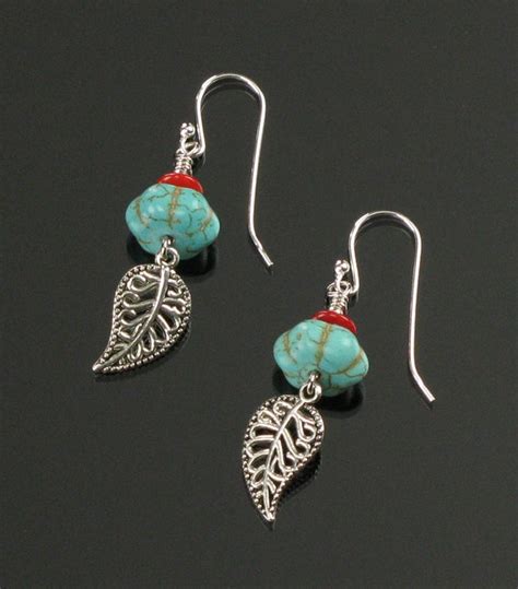 Turquoise Silver Filigree Leaf Earrings Unique Boho Dangle