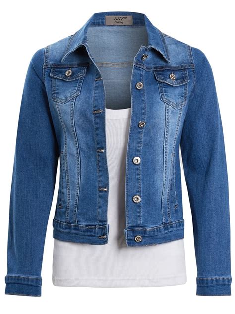 Womens Stretch Casual Fit Denim Jacket Plus Size 14 16 18 20 Jean Jackets Blue Ebay