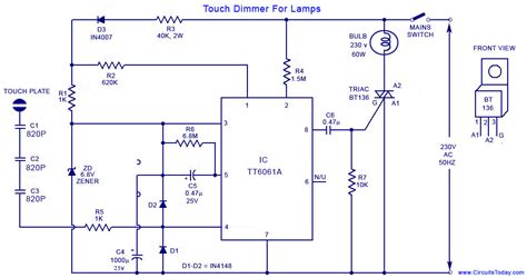 Referring to the circuit diagram, we see that the circuit is actually very easy to understand, let's the following surge proof emergency lamp circuit employs 7 series diodes connected in forward biased. Touch Lamp Control- Touch Dimmer Circuit for Lamps using ...