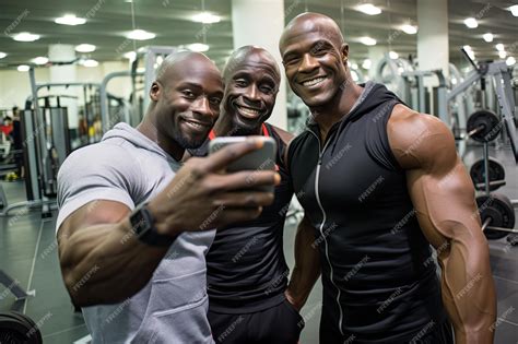 premium ai image black bodybuilders take a picture selfie in gym