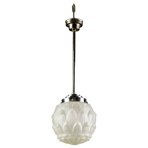 Pair Of Art Deco White Frosted Glass And Chrome Pendant Ceiling Lights