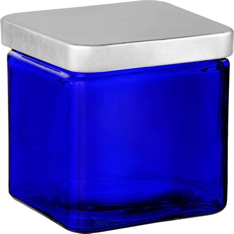 Couronne Company Square Glass Container With Metal Lid Cobalt Blue 4 Tall Uk