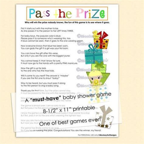 Check out our pass the gift baby shower game selection for the very best in unique or custom, handmade pieces from our shops. Pass the Prize Baby Shower Game (a must-have and so much ...