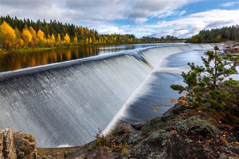 Autumn Landscape With River Dam And Forest Stock Photo Image Of Cloud