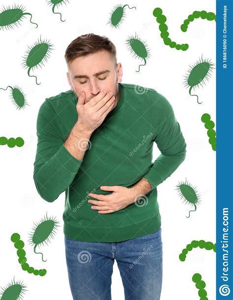 A headache, nausea and vomiting are three symptoms that are difficult to contend with individually but the experience is significantly worse if two or all three vomiting occurs when the abdominal muscles and gastric muscles forcefully expel the contents of the stomach up the esophagus (food pipe). Man Suffering From Nausea And Bacteria Illustration On ...