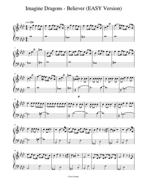 Imagine Dragons Believer Easy Version Sheet Music For Piano Solo