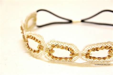 Gold Sequined And Beaded Lace Elastic Headband