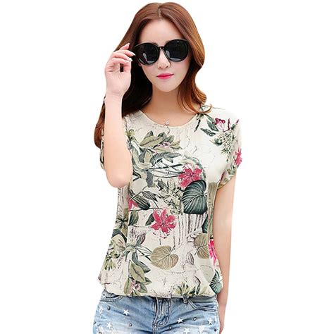 2018 Retro Style Linen Floral Printed Summer Blouse Shirts Women Tops