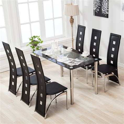By benjara $ 731 24 /set. 7Pcs Dining Table Set 6 Chairs Glass Metal Kitchen Room ...