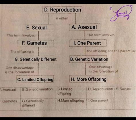 complete the concept map about sexual and asexual reproduction by choosing the correct letter
