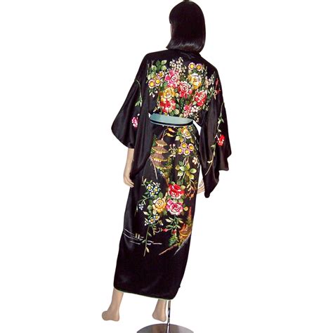 Elaborately Embroidered Black Japanese Kimono With Sash From