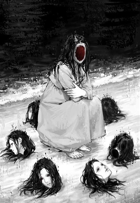 Фото Темноволосая девушка с зияющей раной вместо лица сидит в окружении отрубленных женских