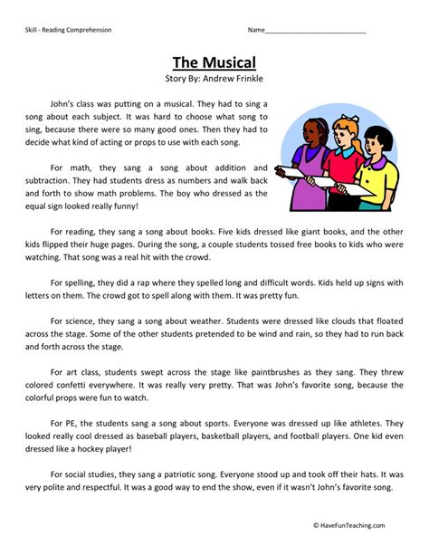 Reading is the action or skill of reading written or printed matter silently or aloud. Reading Comprehension Worksheet - The Musical