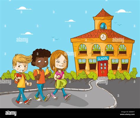 Back To School Cartoon Kids Walking To School Education Illustration