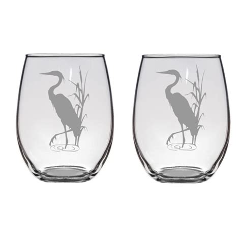 Blue Heron Standing In The Water Etched Stemless Wine Glasses Set Of 2 4 6 8 20 5oz