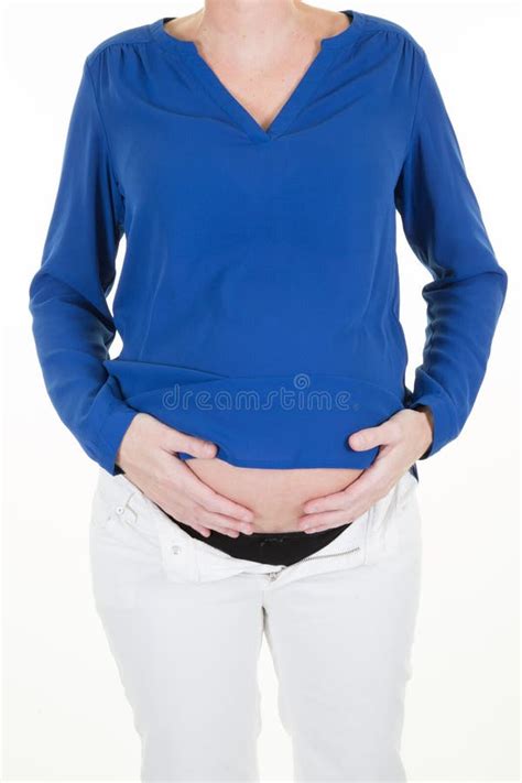 Pregnant Girl Looking Belly On A White Background Stock Image Image