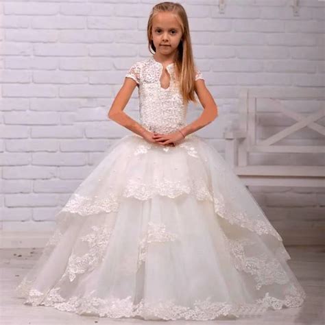New Arrival White Lace Flower Girls Dresses 2017 Pricess Ball Gowns Appliqued Pageant Dress