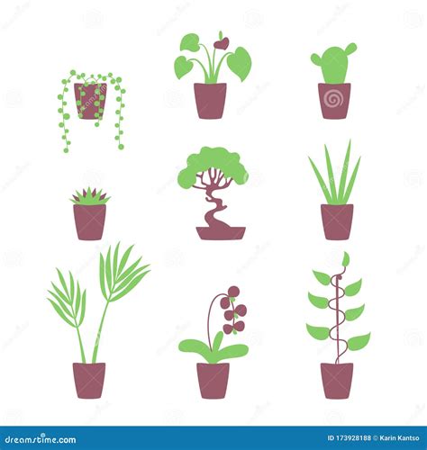 Set Of Potted House Plants Icons Nature Collection Flora Elements