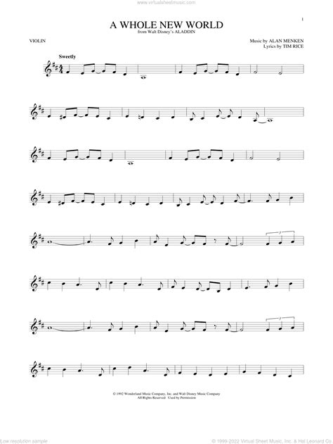 A Whole New World From Aladdin Sheet Music For Violin Solo