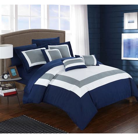 Buy Piece Navy Blue Grey Geometric Comforter Queen Set White Color Block Striped Adult