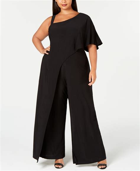 r and m richards synthetic plus size one shoulder jumpsuit in black lyst