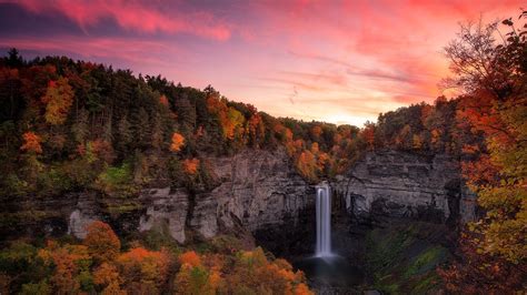 Waterfall Between Autumn Trees Covered Forest With Colorful Sunset Hd