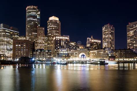 Boston Harbor And Financial District Skyline At Night Boston
