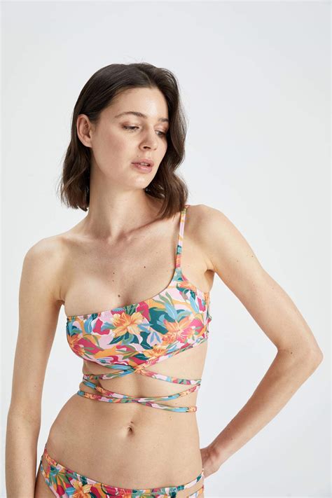 Pink Woman Regular Fit One Shoulder Floral Print Bikini Top 2449358 Defacto