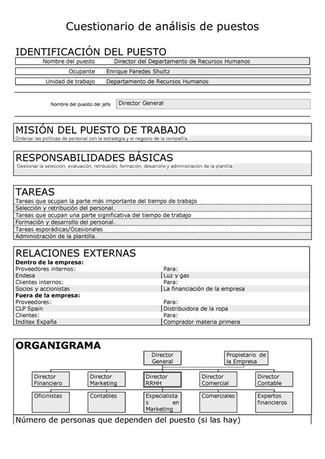 Cuestionario Análisis Puesto De Trabajo Cuestionario De Análisis De