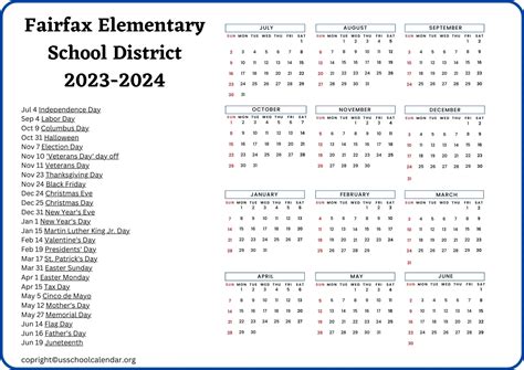 Fairfax Elementary School District Calendar Holidays 2023 2024