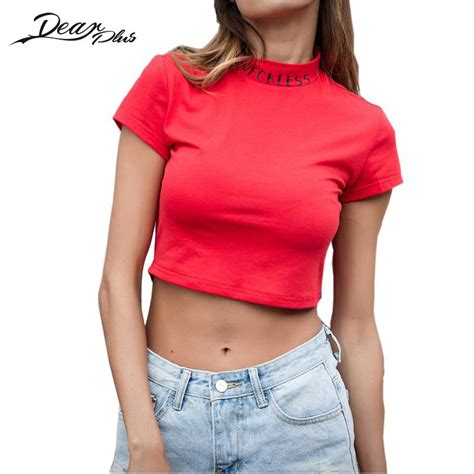 Sexy Letter Print Crop Tops Women Red Cropped Tees Casual Short Sleeve T Shirt Summer Tops