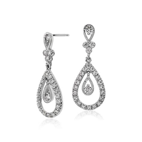 Teardrop Diamond Dangle Earrings In 18k White Gold 34 Ct Tw Blue