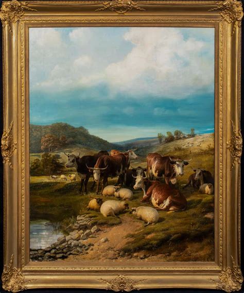 19th Century English Oil Painting Highland Cattle Lake On Canvas Wm