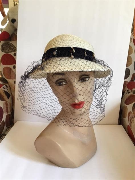 Vintage 1950s Hat Ladies Straw Hat Off White Wdark Blue Etsy