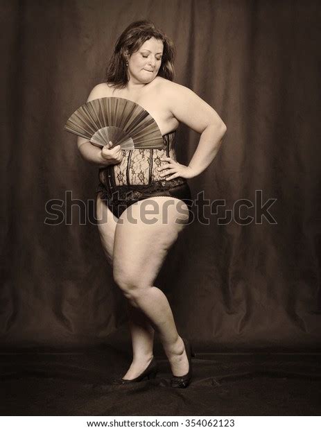 Overweight Woman Dressed Corset Folding Fan Stock Photo