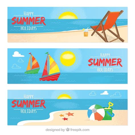 Free Vector Three Summer Banners In Flat Design