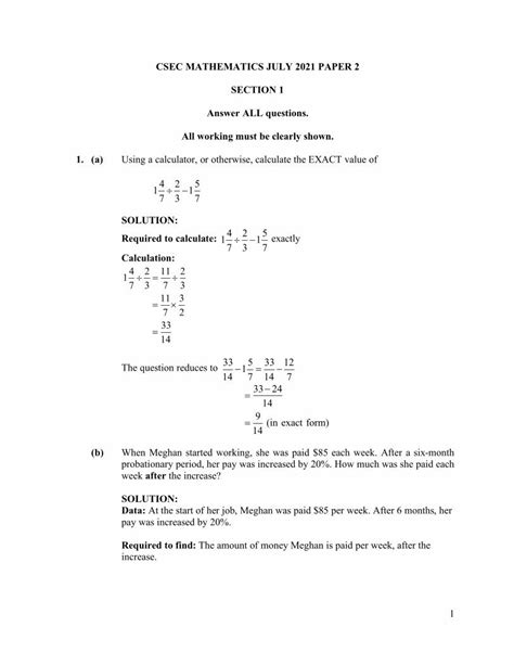 Pdf Csec Mathematics July 2021 Paper 2 Section 1 Answer Dokumentips