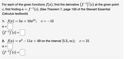solved for each of the given functions f x find the derivative f 1 c at the given point