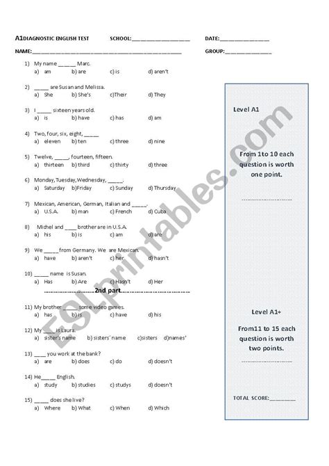 A1 Diagnostic English Test Esl Worksheet By Henna300