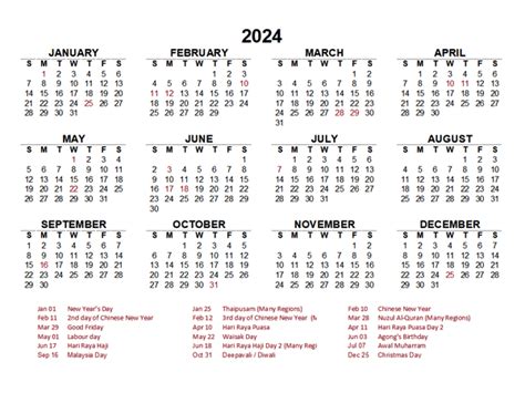 Printable Free Malaysia 2024 Calendar With Holidays Pdf