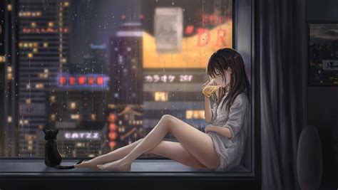 Anime Anime Girls Rain Cats Catzz Window Hd Wallpaper