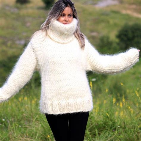 Thick 10 Strands Off White Hand Knit Mohair Sweater By Extravagantza