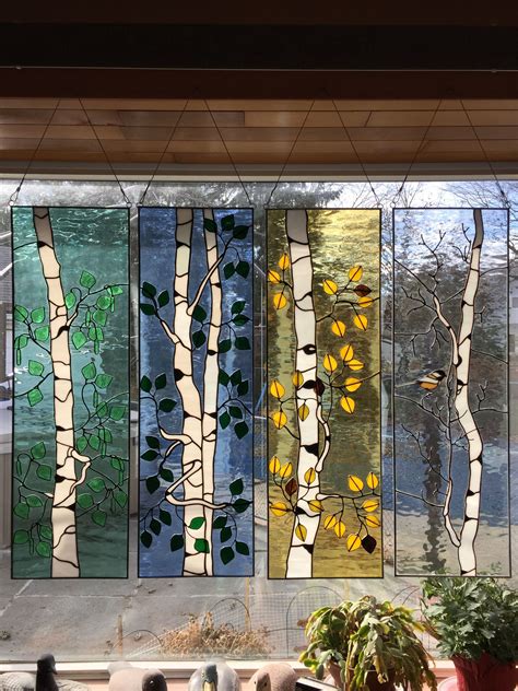 Birch Trees 4 Seasons Stain Glass Window Art Glass Window Art Diy Stained Glass Window