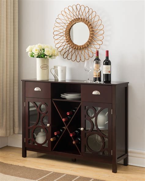 In the middle of this server, two adjustable center shelves are reversible and slotted to hold up to four wine bottles each. Finn Contemporary Sideboard Buffet Server with Wine Rack, Glass Cabinet Doors, Dark Cherry Wood ...