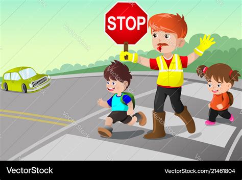 Flagger And Kids Crossing The Street Royalty Free Vector