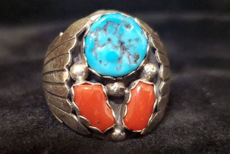 Native American Navajo Handmade Sterling Silver Turquoise Coral Ring