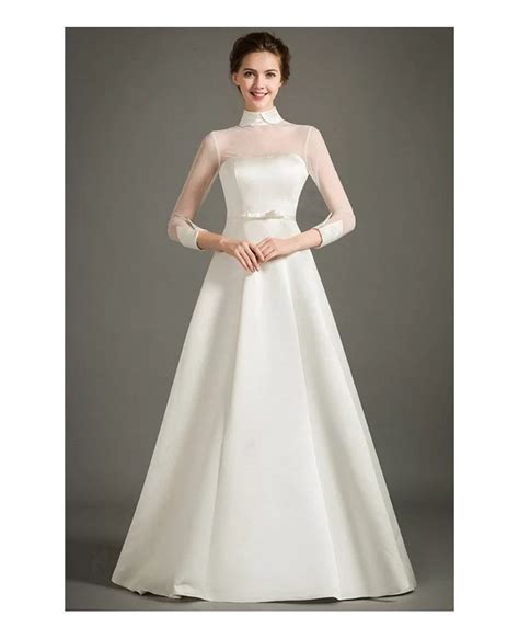 Modest A Line High Neck Floor Length Satin Wedding Dress With Half